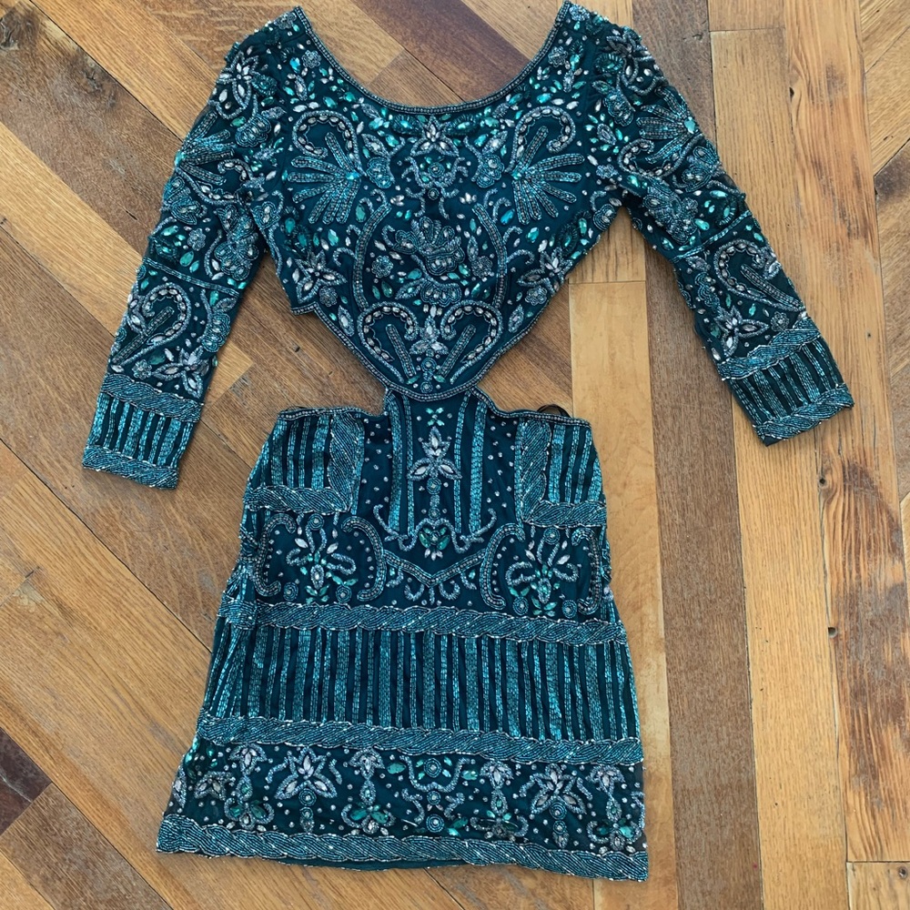 Sherri Hill Teal and Silver Long Sleeve Dress
